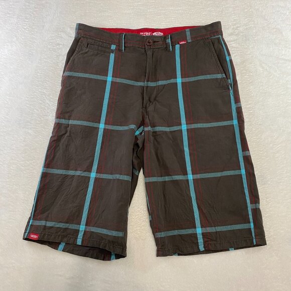 Vans Brown Blue Plaid Skater Shorts Casual Beach Travel Flat Front Summer sz 32 - Picture 1 of 10